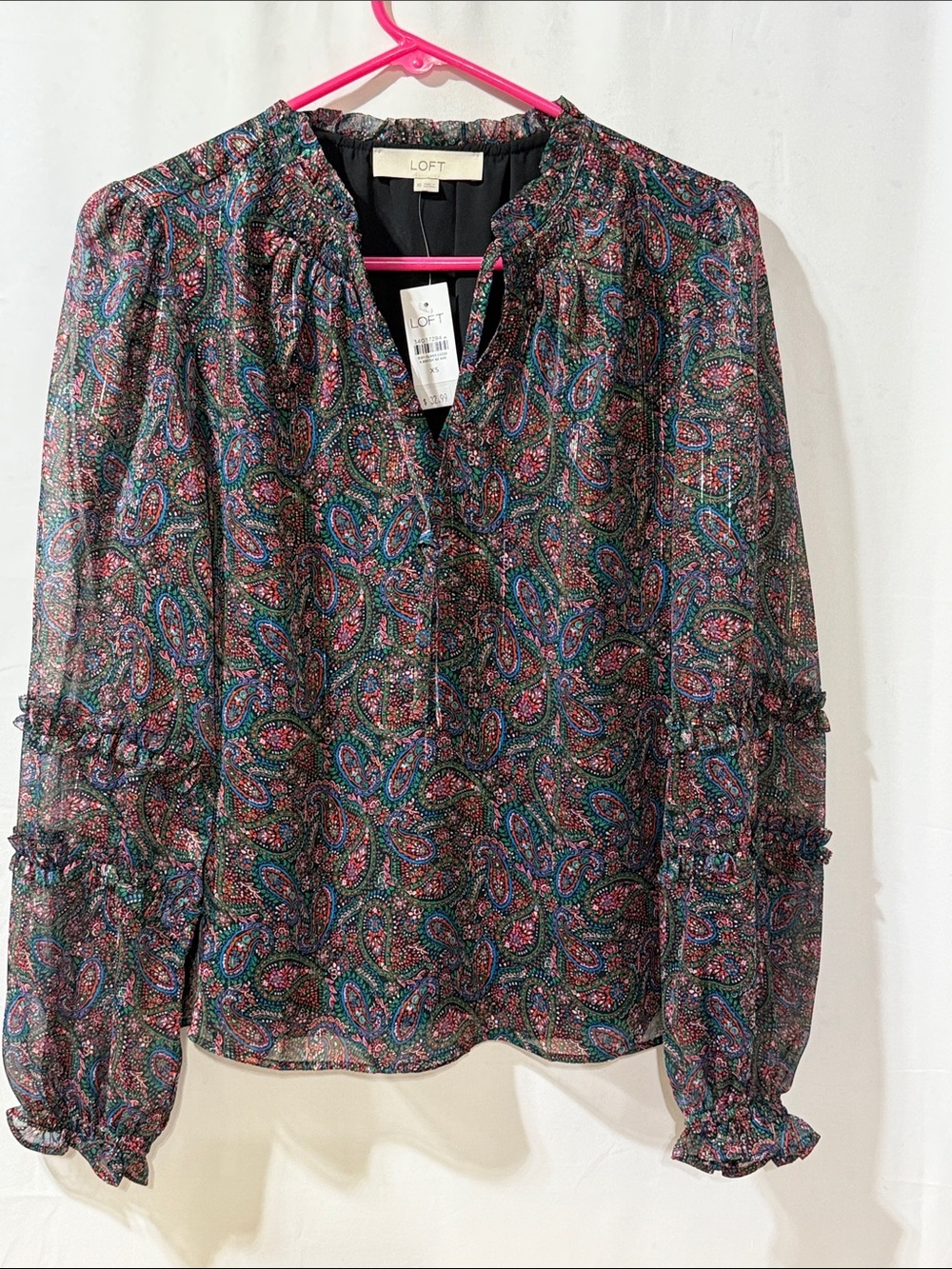 LOFT Paisley Print Long-Sleeve Blouse - Black with Teal & Pink Accents